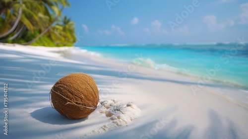 Fototapeta Naklejka Na Ścianę i Meble -  Luxurious tropical landscape. White sand with palm trees and azure sea. A heavenly place to relax. Beautiful exotic summer beach background for design.