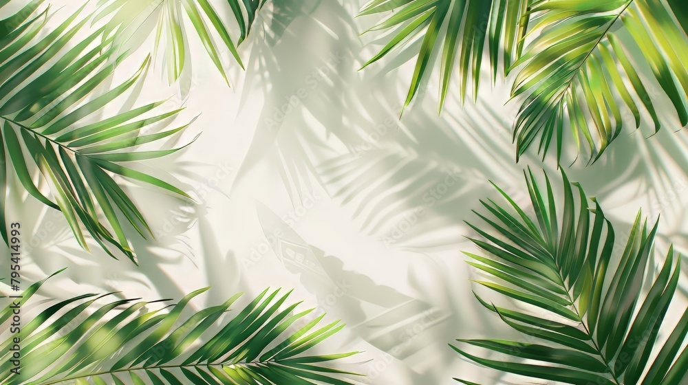 A leafy green palm tree with its leaves spread out in the sun. The leaves are casting a shadow on the ground A leafy green palm tree with its leaves spread out in the sun. The leaves are casting a shadow on the ground