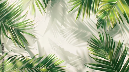 A leafy green palm tree with its leaves spread out in the sun. The leaves are casting a shadow on the ground