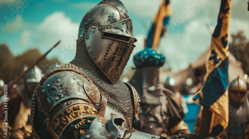 Reenactors dressed as medieval knights during a jousting tournament