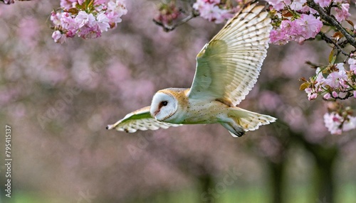 barn owl tyto alba flying in an orchard in spring pink flower background noord brabant in the netherlands photo