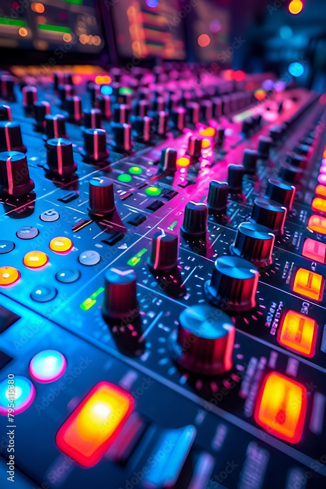 An abstract representation of a DJ's mixing board with colorful slider and button. AI generate illustration