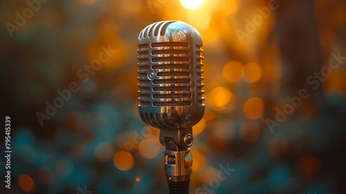 A vintage microphone with a warm and nostalgic color palette. AI generate illustration photo