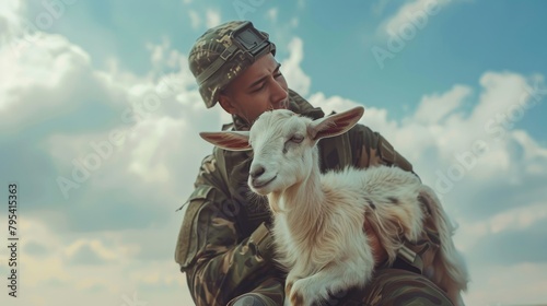 A soldier holds a goat in his arms photo