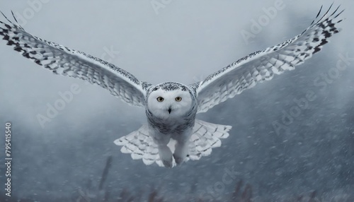 snowy owl bubo scandiacus flying on a light rainy day in the winter in the netherlands photo
