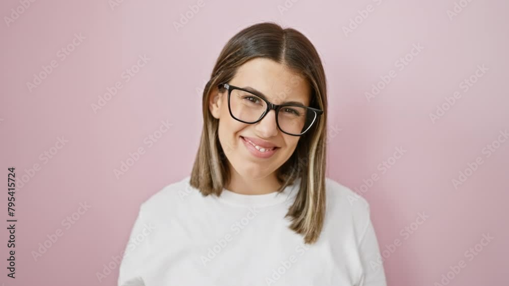 Young, cool and confident! a beautiful hispanic woman, lucky in life, standing in front of an isolated pink wall, wearing glasses and a joyful smile. Young, cool and confident! a beautiful hispanic woman, lucky in life, standing in front of an isolated pink wall, wearing glasses and a joyful smile.