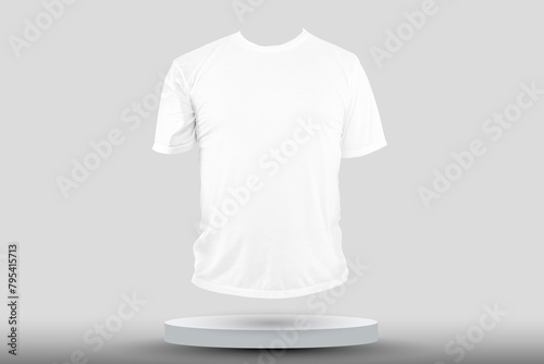 A white shirt is displayed on a white pedestal, clipping path. The shirt is a simple design with no pattern or writing.