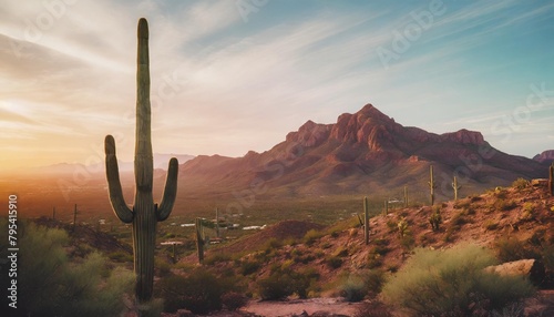 arizona desert view with superstitious mountains and saguaro cactus at sunset phoenix usa