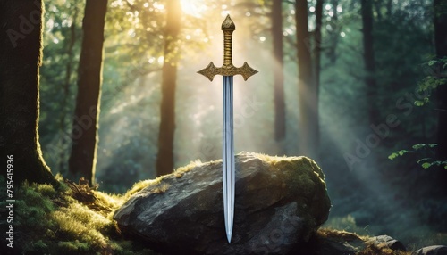 sword king arthur excalibur in a stone in the forest a ray of light reflected on the sword fantasy photo