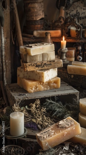 Several soap bars stacked on top of each other on a table. Vertical background  © kramynina