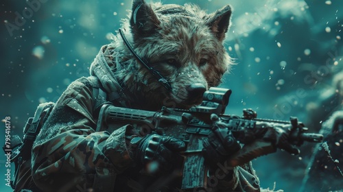 A soldier wolf in the middle of a snowy forest, wearing military gear and aiming an assault rifle. © Pornarun
