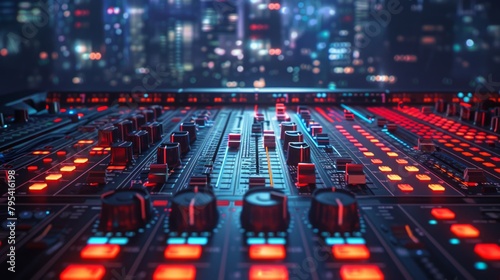 A sound mixer with a cityscape in the background. © Pornarun