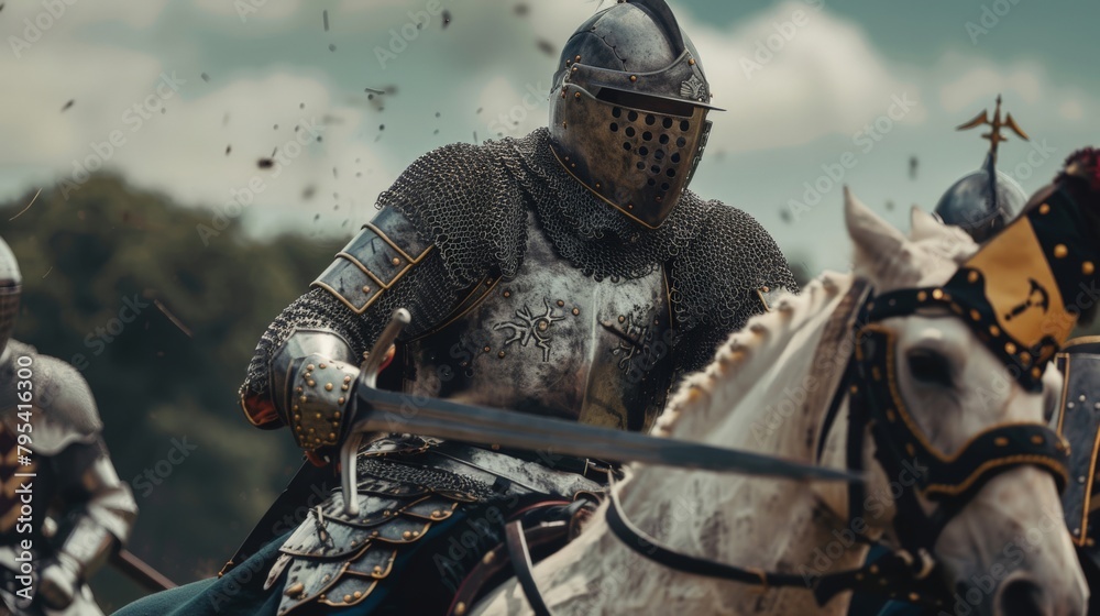 Naklejka premium Reenactors dressed as medieval knights during a jousting tournament