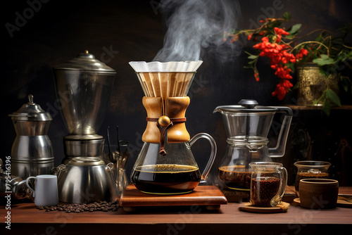 Coffee making equipment and tools at home kitchens to brew hot coffee that drips into cups