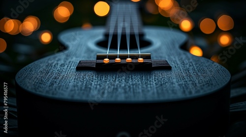A black ukulele with selective lighting on its frets and strings. AI generate illustration photo