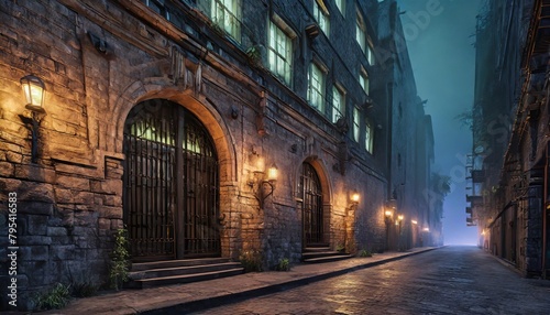 wall of an old building with gates and neon lights on a street of futuristic city 3d illustration beautiful night scene in a cyberpunk style gloomy urban landscape © Adrian