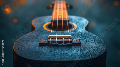 A black ukulele with selective lighting on its frets and strings. AI generate illustration © PandaStockArt