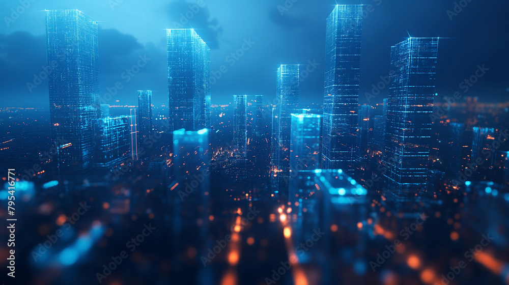 a dark blue cybersecurity landscape with azure fissures, out of focus, high contrast, depth and perspective, elegant glass abstract buildings, glowing neon azure energy, code network.