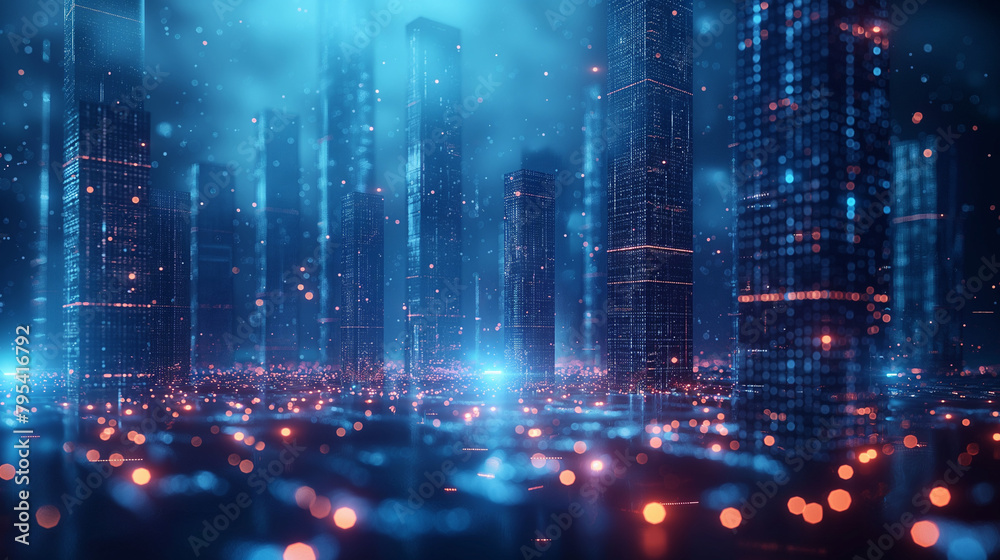 a dark blue cybersecurity landscape with azure fissures, out of focus, high contrast, depth and perspective, elegant glass abstract buildings, glowing neon azure energy, code network.