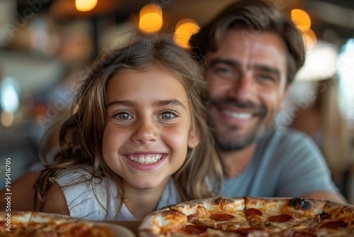 Close-up of an adorable young girl with her father enjoying pizza together in a family dining setting