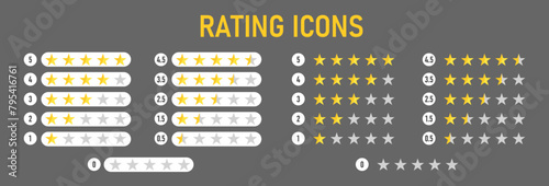 Product rating or customer review with gold stars and half star flat vector icons for apps and websites. Vector graphics