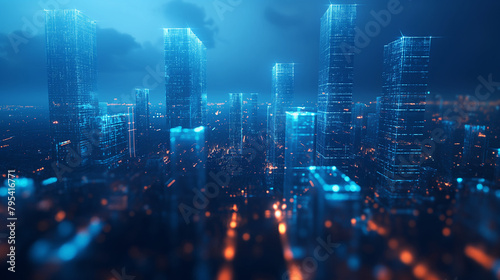 a dark blue cybersecurity landscape with azure fissures, out of focus, high contrast, depth and perspective, elegant glass abstract buildings, glowing neon azure energy, code network. photo