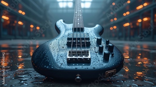 A black electric bass guitar. AI generate illustration photo