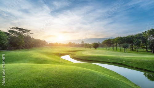 green sward filed and garden scenery green grass at the natural park in morning beautiful sunshine with fairway golf