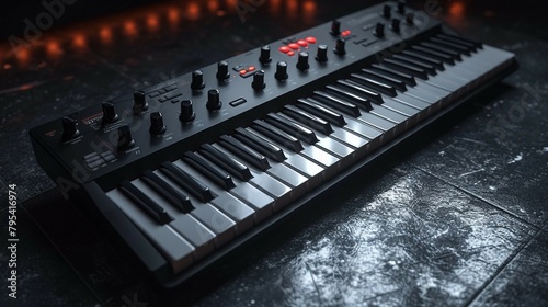 A black electronic keyboard with minimal lighting. AI generate illustration