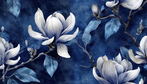 premium wallpaper mural art floral seamless pattern magnolia flowers tropical design in dark blue colors watercolor 3d illustration baroque style digital paper modern background texture