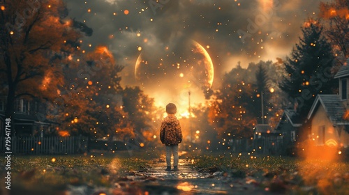 Child Gazing at Fiery Comet Falling, Fantasy Adventure Concept