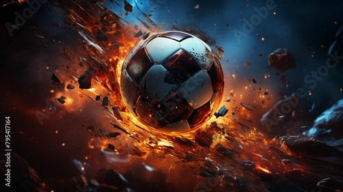 Fiery Soccer Ball Breaking Through, Intense Game Concept with Copy Space