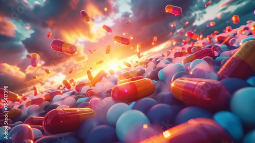 A surreal landscape of colorful pills and capsules with a stormy sky in the background. photo