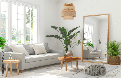 A bright living room with white walls  light grey floor and plants. A large mirror is mounted on the wall near the window