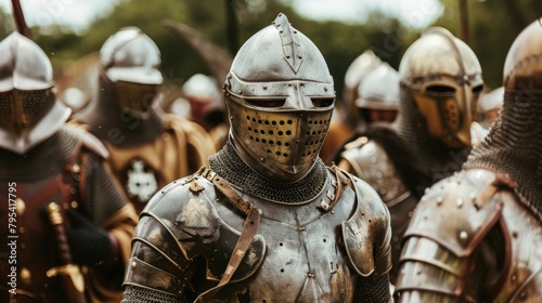 Reenactors dressed in medieval armor during a historical battle reenactment photo