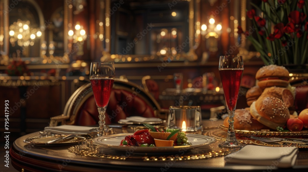 Fototapeta premium A table set for two in an elegant restaurant. There is a candle, two glasses of red wine, and a plate of food.