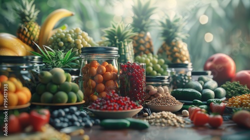 A table full of fruits and vegetables, arranged in a visually appealing way. The background is blurred, and the lighting is soft and natural. photo