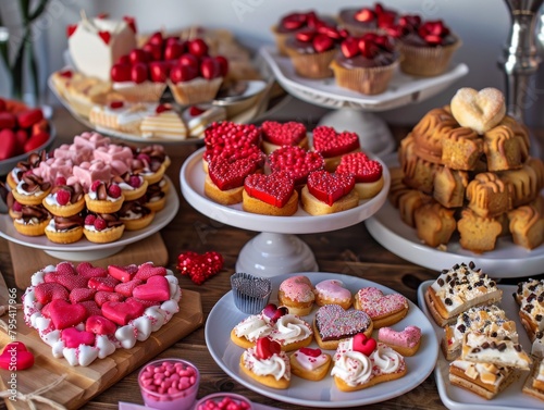 A table full of Valentine's Day themed desserts including cakes, cupcakes, cookies and other sweets.