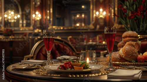 A table set for two in an elegant restaurant. There is a candle, two glasses of red wine, and a plate of food. photo
