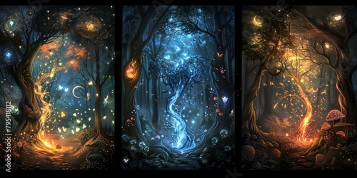 Three panel wall art illustrating a fantasy forest with mythical creatures and luminous plants photo