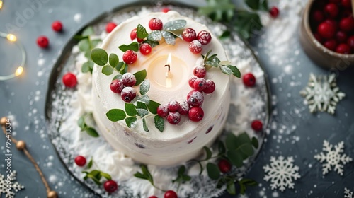 A lit candle sits atop a white frosted cake, which is decorated with a wreath of holly and red berries. The cake is on a white plate, surrounded by white and gold ornaments and candles.