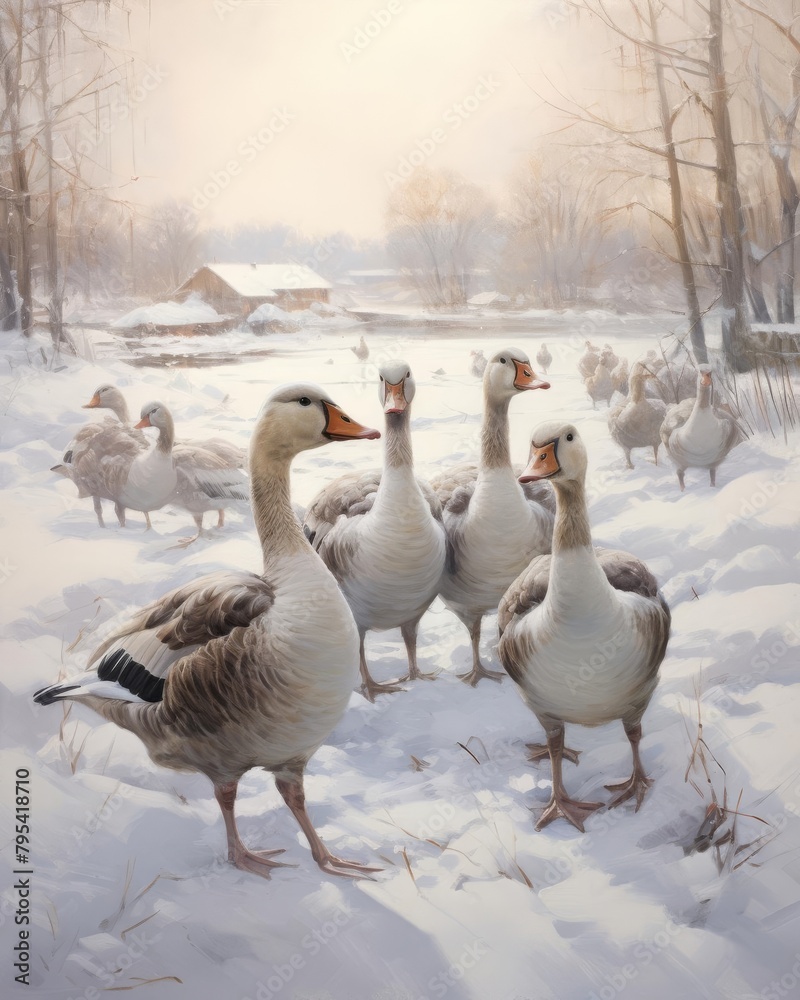A winter scene where a group of geese huddle together on a snowy field