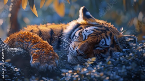 A tiger is sleeping on a tree branch in the jungle. The tiger is mostly orange with black stripes and white on its underparts and face. 