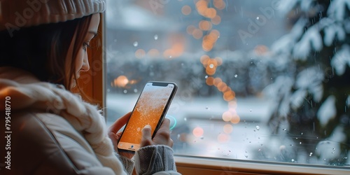 Woman Looking Out Snowy Window Using Smartphone for Seasonal Affective Disorder Tracking App