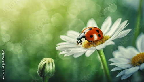 ladybug on white daisy flower in blurred green natural background long banner © Adrian