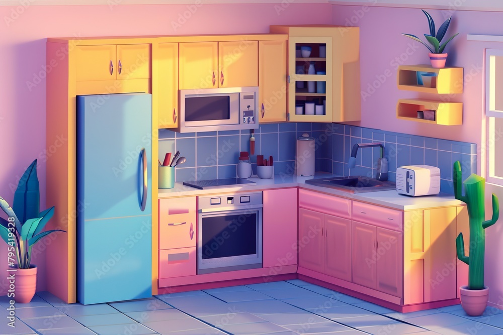 An isometric illustration of a modern kitchen bursting with vibrant colors, sleek appliances, and stylish design. An isometric illustration of a modern kitchen bursting with vibrant colors, sleek appliances, and stylish design.
