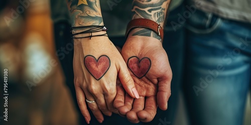 Close-up view of a couple hands, each adorned with a half-heart tattoo on their wrists, concept of Love photo