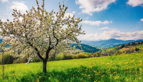 blossoming of apple tree in green meadow in transcarpathia ukraine europe panoramic spring view of carpathian village kvasy beauty of countryside concept background