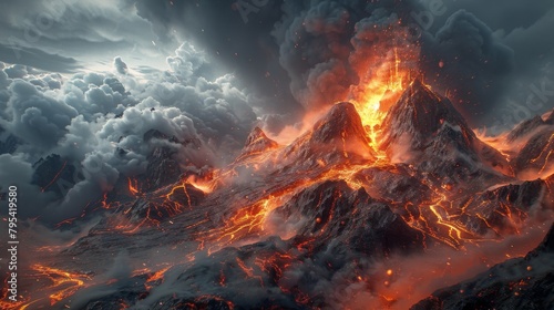 A volcano erupts, spewing lava and ash into the sky photo