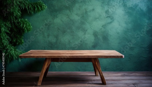 empty wooden table against a green wall background high quality photo photo